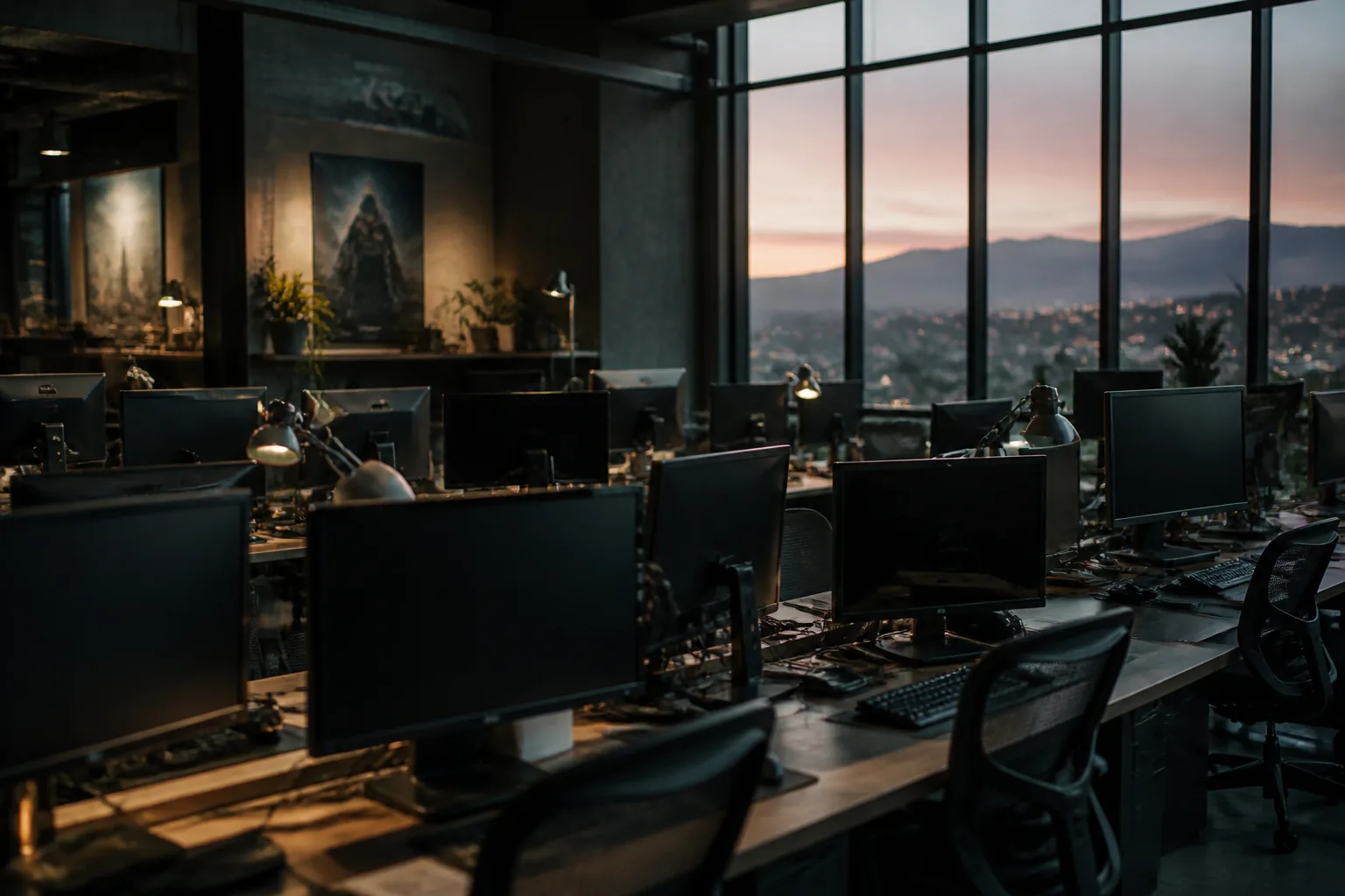Empty game studio at dusk with rows of dark monitors and workstations catching cool window light